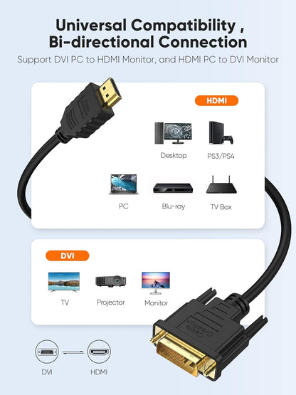 10Ft HDMI to DVI Cable - Bi-Directional 1080P HD Video Adapter Cable with 24+1 DVI-D Male Connector for PC, Laptop, TV, Projector