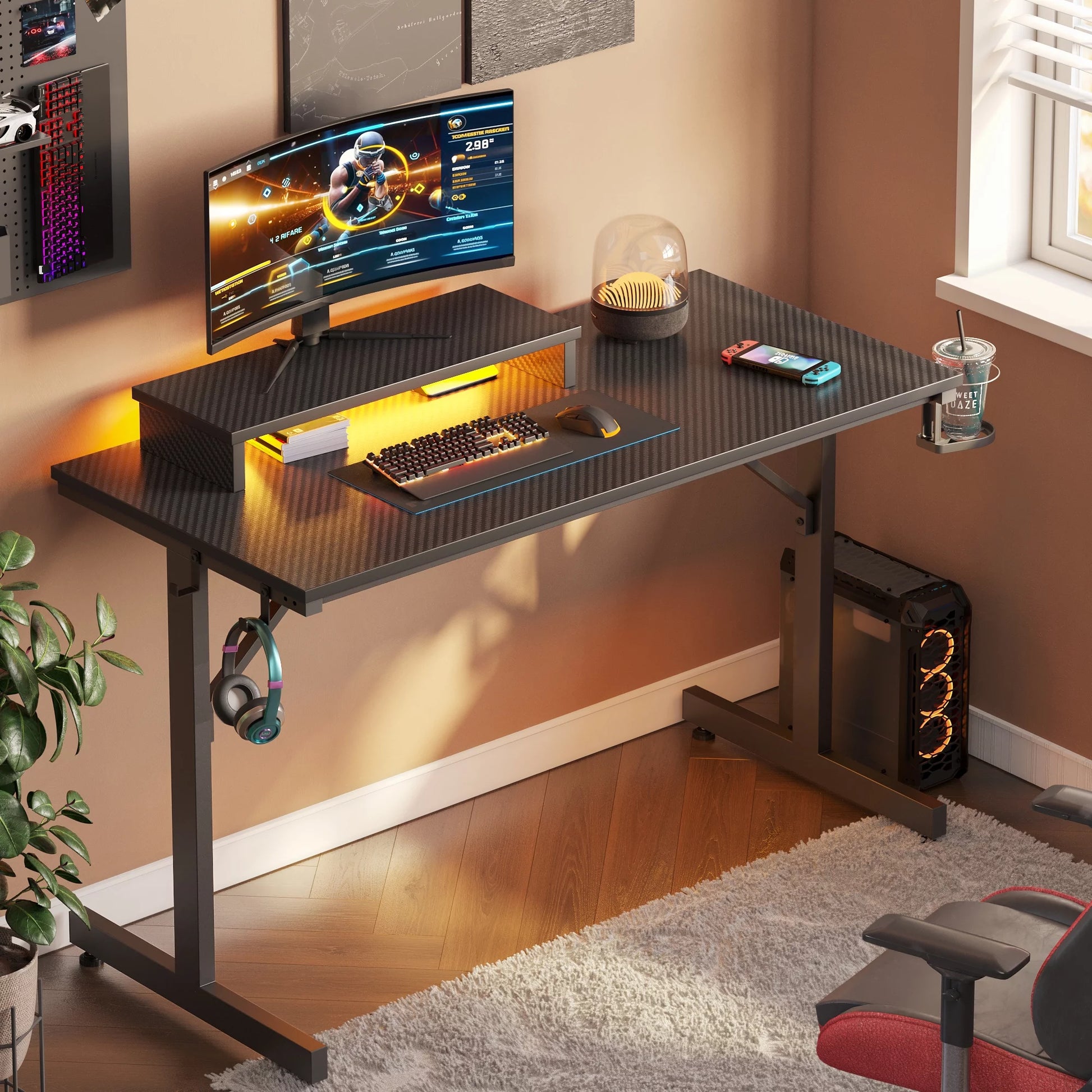 42" PC Computer Gaming Desk with LED Lights & Monitor Stand & Headphone Hook & Cup Holder, Black